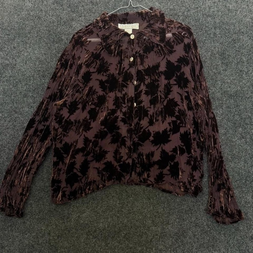 Savannah Burnout Velvet Blouse Women's Medium Brown Sheer Button Up Top